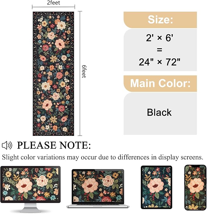 DUKINO 2x6 Runner Rug for Hallway, Washable Runner Rug Non Slip, Floral Indoor - Image 2