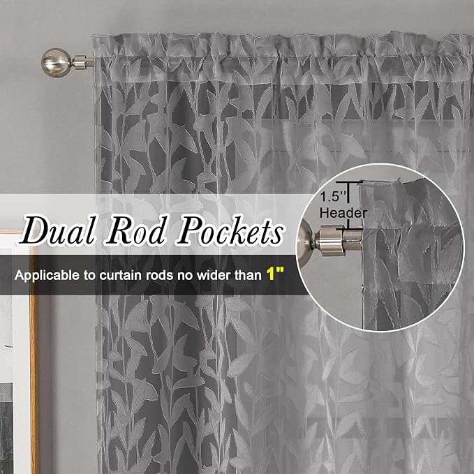 Lecloud Leia Charcoal Grey Sheer Curtains 120 Inches Long 2 Panels, Jacquard - Image 2