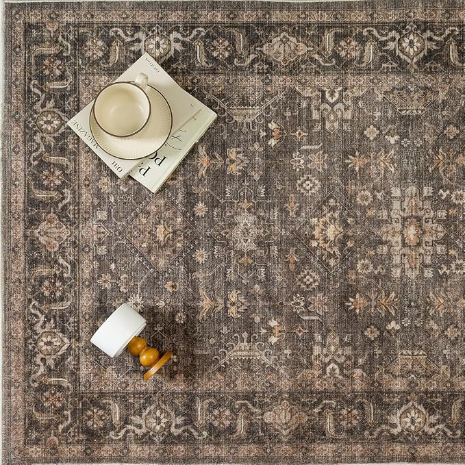 2x12 Washable Runner Rug for Hallway Kitchen Vintage Brown Non Slip Low Pile - Image 9