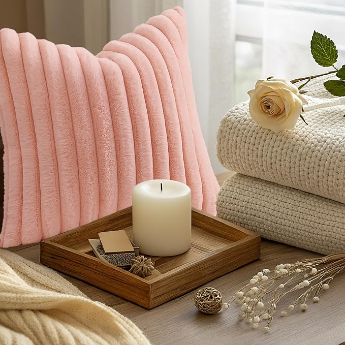 decorUhome Fall Faux Fur Throw Pillow Covers 16x16 Set of 2 Blush Pink | - Image 9
