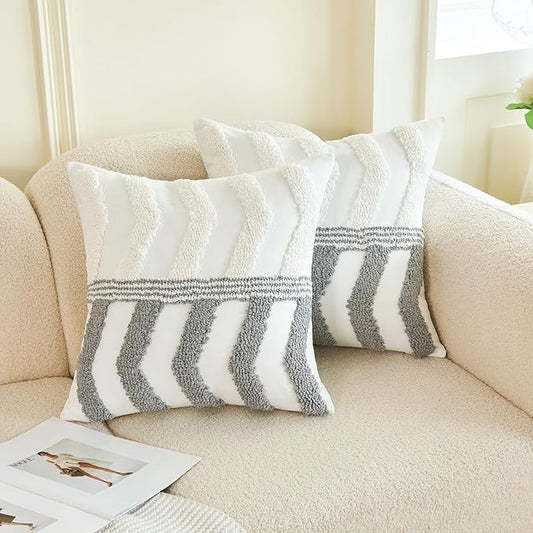 HOdo Home 18x18 Throw Pillow Covers, 2PCS Tufted Boho Jacquard Pillow Covers,Farmhouse Decorative Pillow Cover,Pillow Cases for Couch Sofa Bed Stylish Decor, Simple Textured Cushion Sham