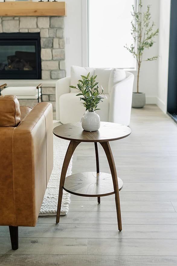 Martin Svensson Home Round Wood Nutmeg Brown Living Room End Side Accent Table Nightstand with Storage Shelf