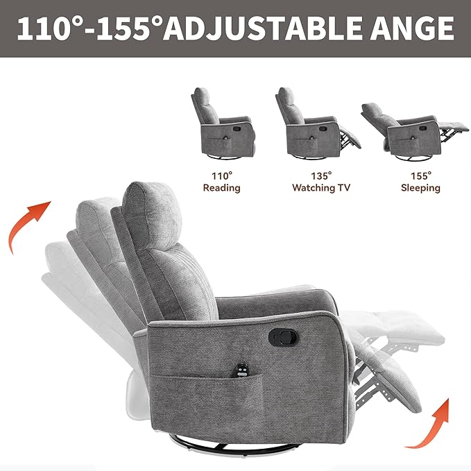 Manual Swivel Rocker Recliner Chair for Adults, Overstuffed Reclining Glider Chair for Nursing with Vibration Massage & Heat, Living Room Rocking Recliner 2-Stage backrest, Chenille Fabric Dark Gray