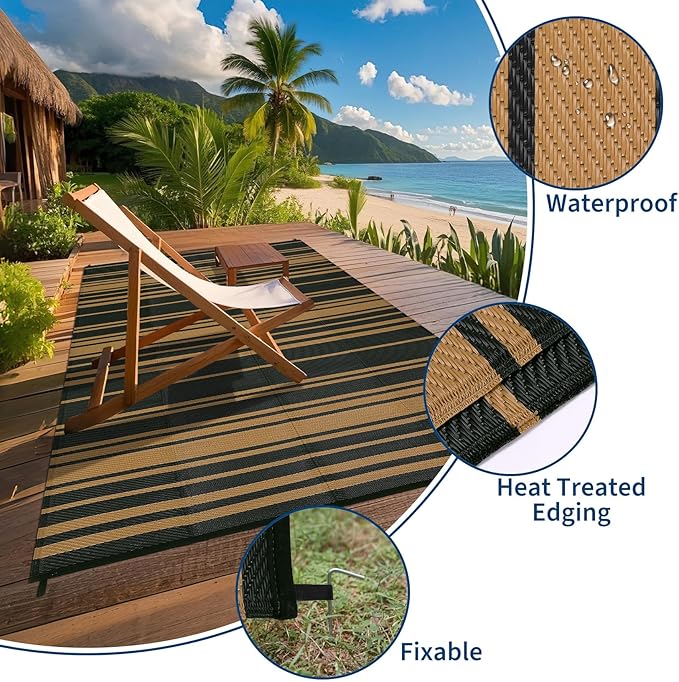 Outdoor Patio Rug 9x12 Stain-Resistant Reversible Camping Mat, Modern Striped Outdoor Plastic Straw Rug, Waterproof Outside Carpet, Easy to Clean for RV, Porch, Deck, Balcony, Black Brown