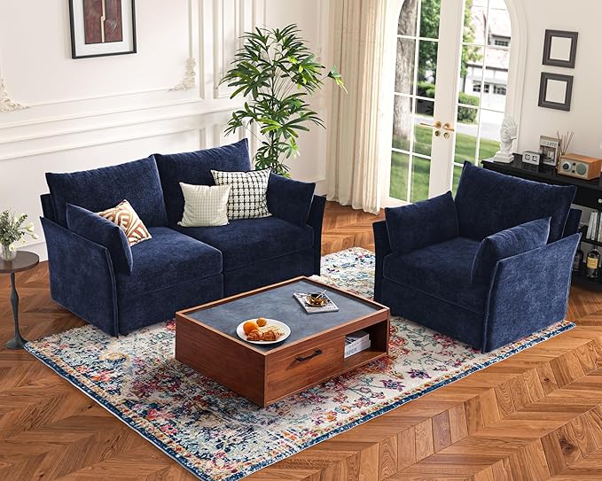 134.6" Modular Sectional Sofa, Oversized 4 Seater Blue Couch with Removable Chenille Fabric Cover, Deep Seat & High Backrest for Living Room, Office & Apartment