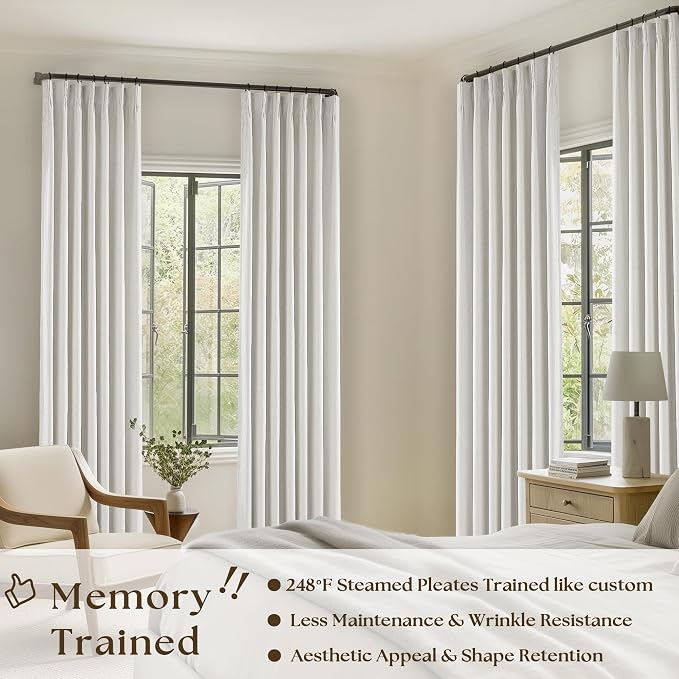 Linen Blackout Curtains 108 Inch Long 2 Panels Pinch Pleated Beige White | - Image 2