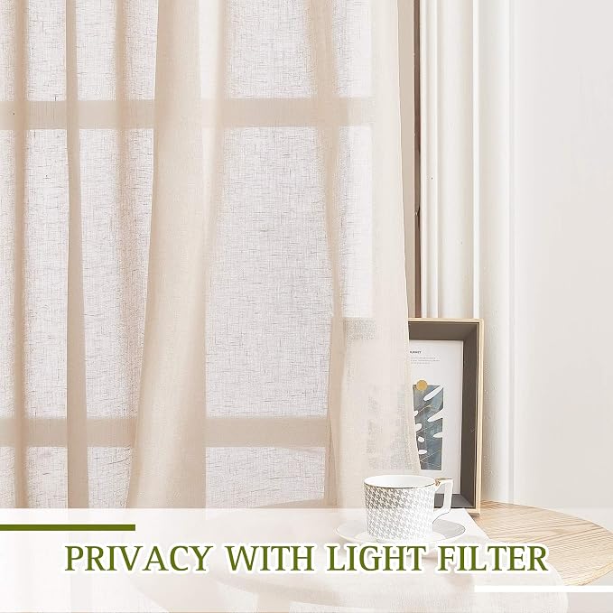 NICETOWN 90 inch Beige Curtains Linen Sheer Faux Flax Window Drapes, Grommet - Image 8