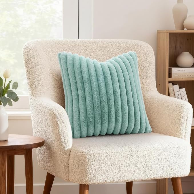 decorUhome Fall Faux Fur Throw Pillow Covers 18x18 Set of 2 Aqua | Decorative - Image 4