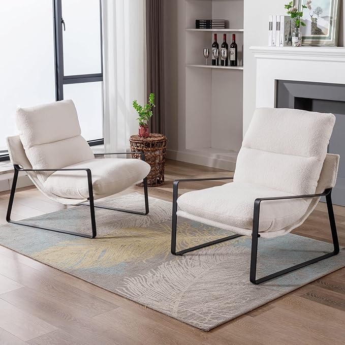 DUOMAY Modern White Sherpa Accent Chair, Comfy Lounge Lazy Chair with Metal Leg, Mid-Century Corner Arm Chair for Living Room Bedroom Office Apartment