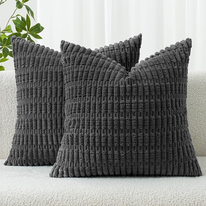 MIULEE Corduroy Decorative Throw Pillow Covers 18x18 Dark Grey Pack of 2 | Soft by MIULEE