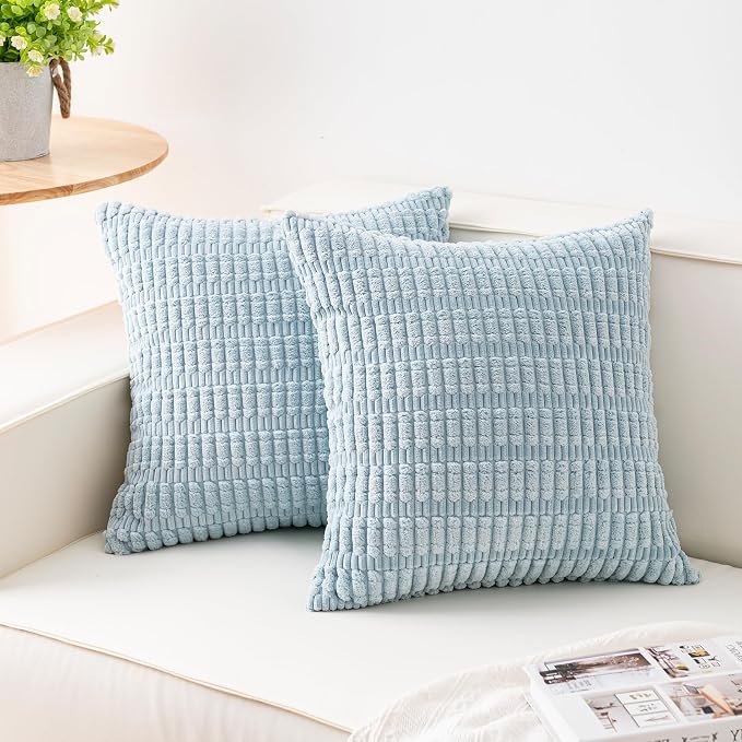 Pack of 2 Corduroy Decorative Throw Pillow Covers 18x18 Inch, Sky Blue | Fall by Unknown