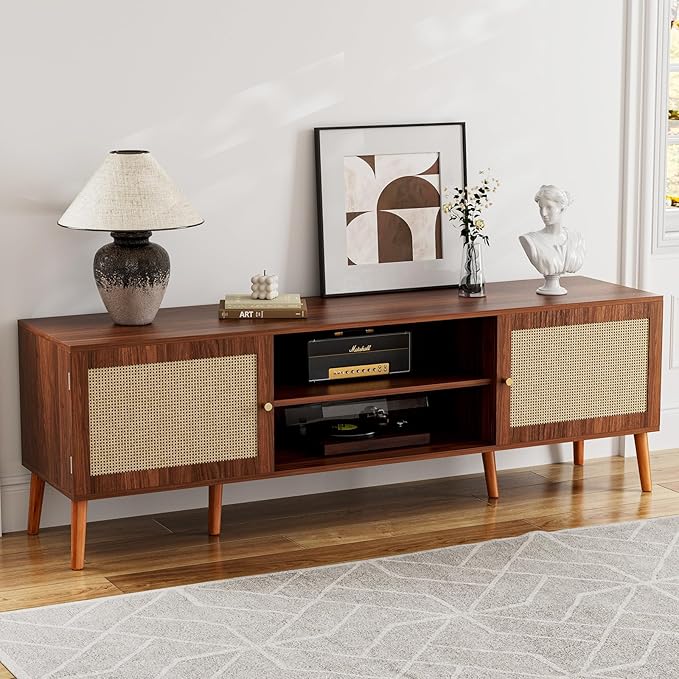 TV Stand for TVs up to 65'', Entertainment Center With Rattan Door, Shelves & 2 Cabinets, Long Boho Media Console for Living Room, Walnut