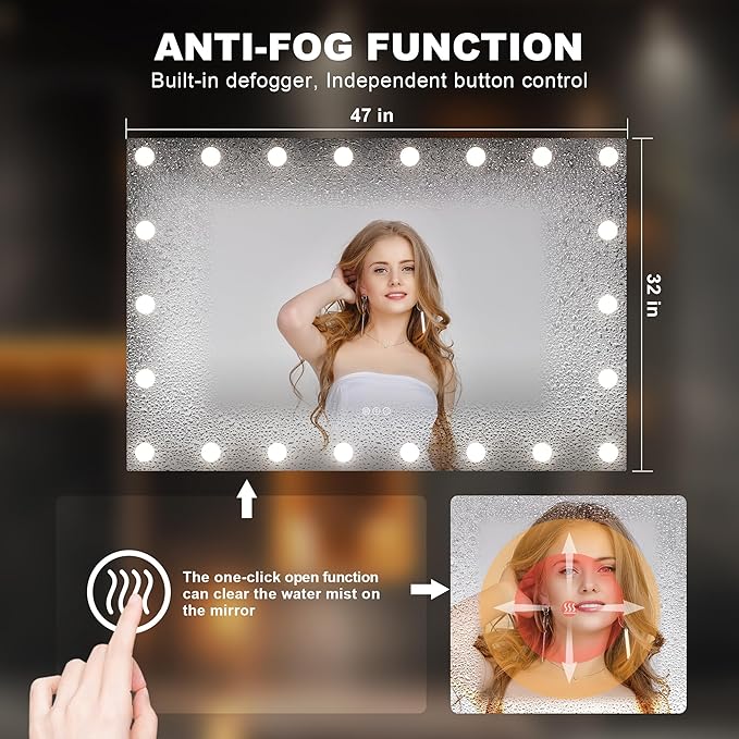 Hasipu LED Bathroom Mirror with Lights, 47" x 32" Hollywood Wall-Mounted Bathroom Mirror with 22 Dimmable Bulbs, 3 Colors Modes, Touch Control, Anti-Fog, Memory Function, Shatter-Proof, ETL Listed