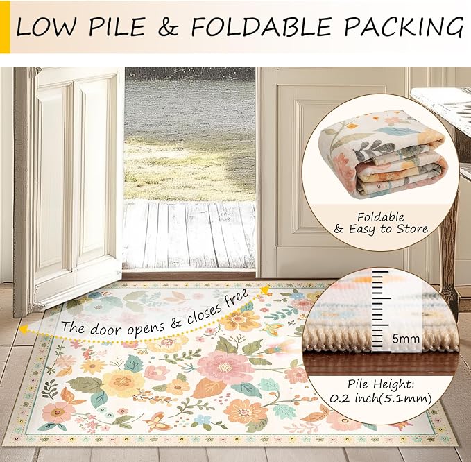 RELEANY Floral Washable 9x12 Area Rugs Beige/White/Orange | Flower Carpet Print - Image 4