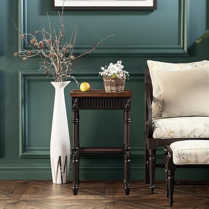 Rustic Farmhouse Cottagecore Accent End Table Set of 2, Distressed Accent Side Table with Espresso Tray Top and Woven Wicker Shelf, Boho, French Country Decor, Square, Weathered Brown & Black