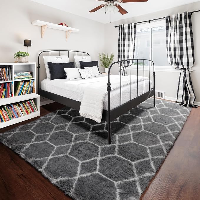 Area Rugs for Living Room, 7x10 Fluffy Grey and White Geometric Bedroom Rug | - Image 7