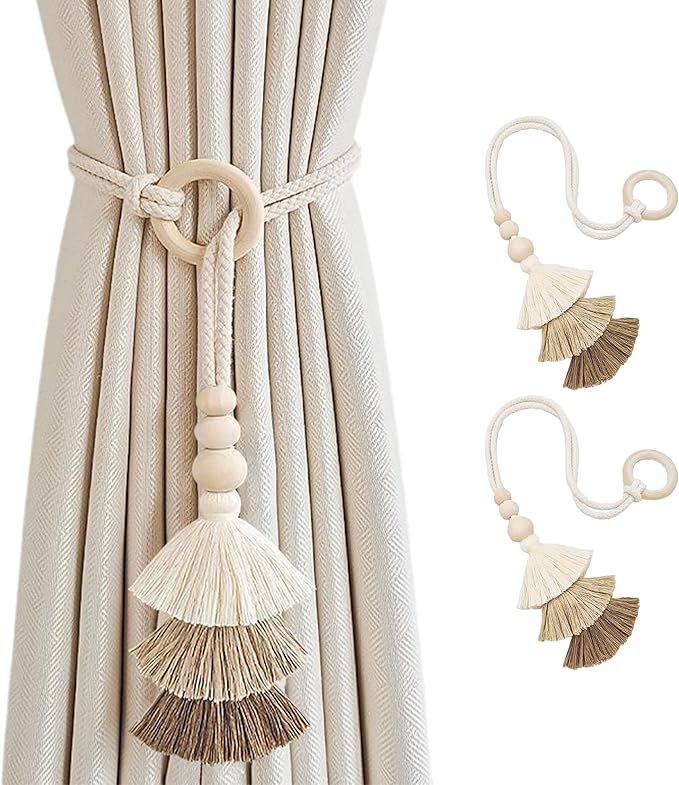 SRG Rope Curtain Tiebacks with Tassel Boho 2 PCS Handmade Wooden Ring Curtain by SRG