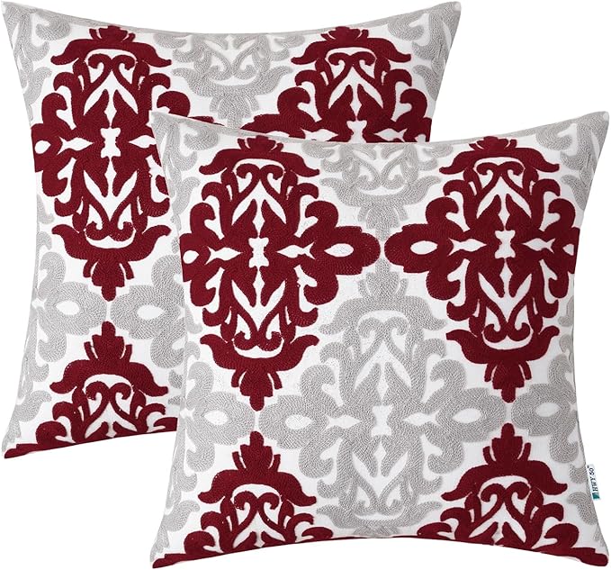 HWY 50 Burgundy Red Decorative Throw Pillow Covers 18x18 Inch, Pack of 2 Embroidered Cotton Farmhouse Cushion Cover Pillow Case for Sofa Couch Living Room Bed Bedroon, Accent Geometric