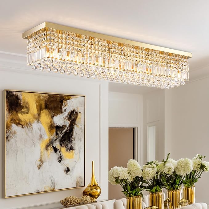 10 Lights Gold Flush Mount Rectangle Chandelier, Modern K9 Crystal Chandeliers Light Fixture Rectangular Raindrop Chandelier Pendant Island Light for Living Dining Room Kitchen Bar L47 Inch