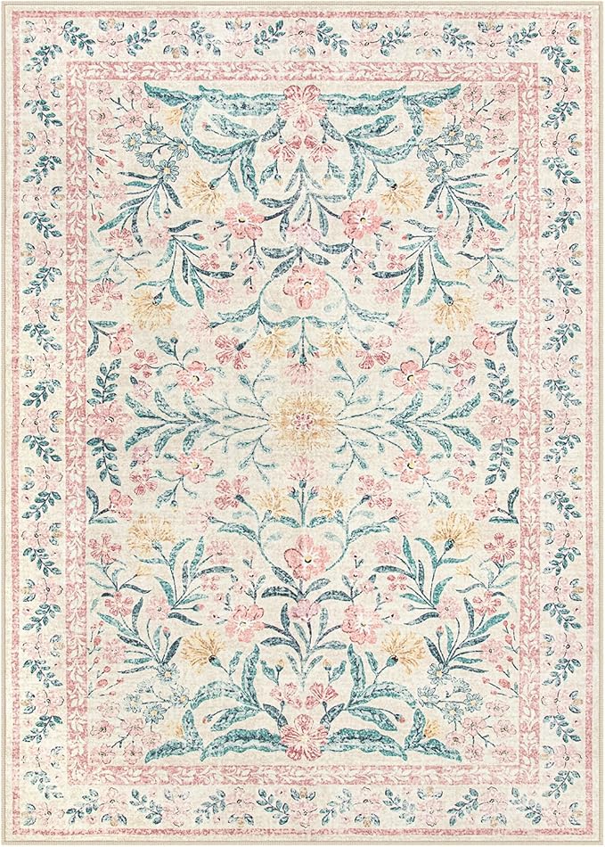 Wonnitar Machine Washable 5x7 Nursery Rug, Pink Rugs for Bedroom Girls, Boho Soft Floral Carpet Non Slip, Indoor Ultra-Thin Floor Carpet for Kid Room Living Room Dorm
