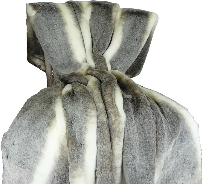 Tissavel Chinchilla Faux Fur Throw Blanket & Bedspread - Chinchilla Faux Fur - Gray Ivory Chinchilla Fur Throw - Luxury Soft Fur, Made in US, 16444