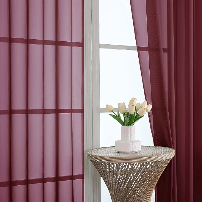 OVZME Burgundy Sheer Curtains 84 Inches Long 2 Panels Set, Light Filtering - Image 3