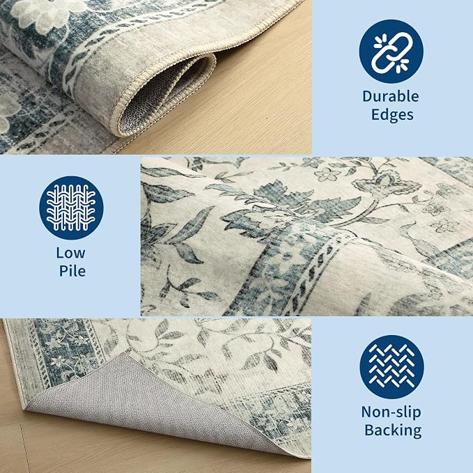 GarveeHome Vintage Blue Washable Kitchen Runner Rug: 2'6" x 8' Hallway Rug Non - Image 6