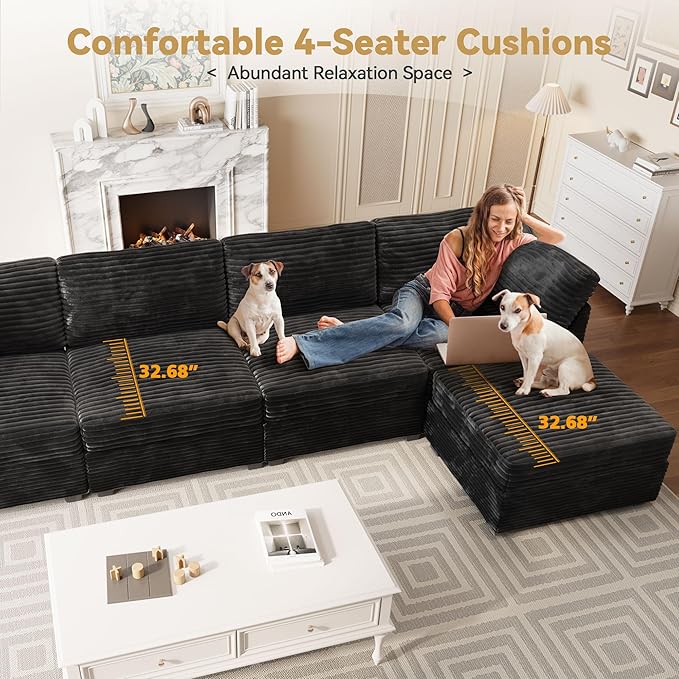 Modular Sectional Sofa with Chaise U Shaped Sectional Couch for Living Room, 8-Seater Comfy Cloud Couches, Plush Corduroy, Black