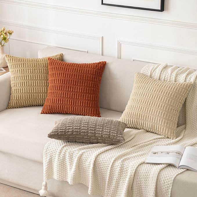 MIULEE Corduroy Decorative Throw Pillow Covers 18x18 Tan Pack of 2 | Soft - Image 4