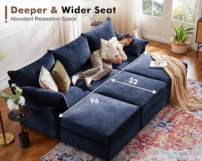 136.4" Oversized Modular Sectional Sleeper Sofa Bed, U Shaped Convertible Couch with Movable Ottoman, Large 8 Seat Corner Couches for Living Room Deep Seat Blue Chenille