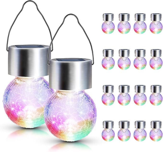 GIGALUMI 16 Pack Solar Hanging Lights for Christmas Decoration - Cracked Glass Solar Lights Outdoor Waterproof for Garden, Yard, Fence, Tree (Color Changing)