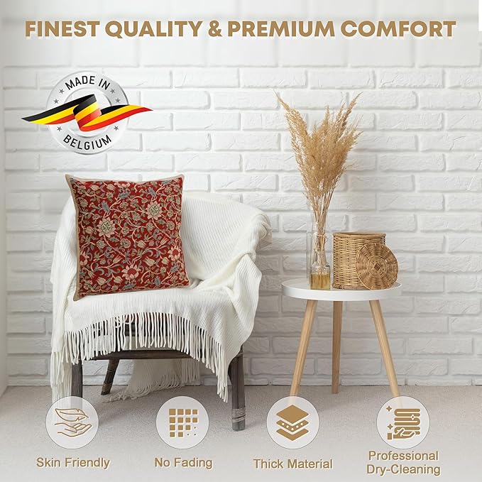 Charlotte Home Furnishings Throw Pillow Covers 16x16 in, Red Flowers Decorative Couch Pillow Cover, Boho Decor European Tapestry Cushion Cases, Living Room Cozy Home Decor, Jacquard Woven Soft Cotton