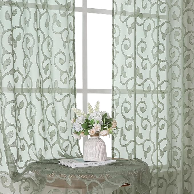OWENIE Furman Sheer Sage Green Curtains 90 inches Long by OWENIE