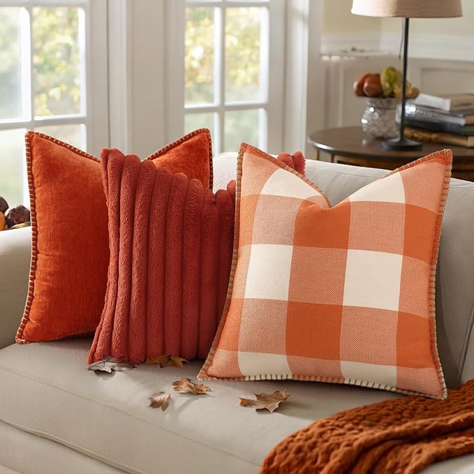 decorUhome Fall Orange and White Decorative Throw Pillow Covers 16x16 Set of 2, Buffalo Plaid Check Farmhouse Cushion Covers with Stitched Edge for Autumn Harvest Couch Sofa Bed Home Decor