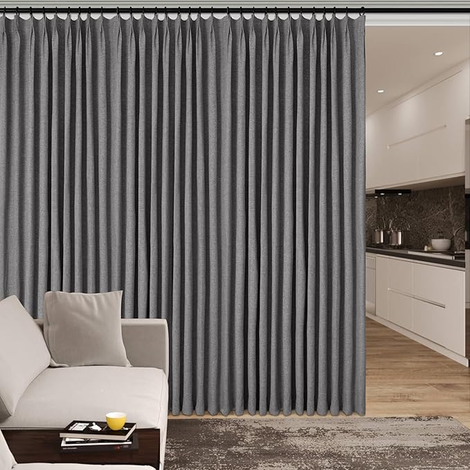 Full Blackout Privacy Curtains, 240 Inch Extra Wide Linen Blend Drapes, Pinch Pleat Window Drapery for Room Divider Storage/Space Room Separation, 1 Panel, W 240" x L 108", Gray