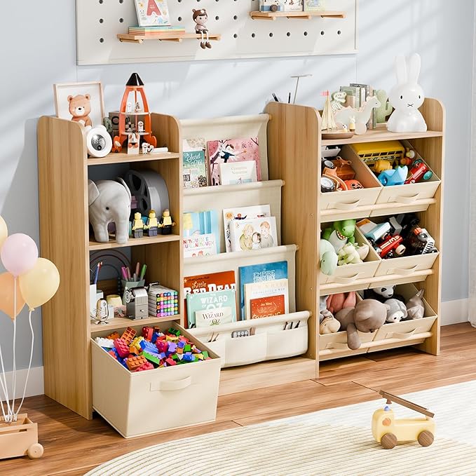 Kids Toy Book Storage Organizer - Large Bookshelf with 7 Removable Bins, Baby Bookshelf and Toy Storage, 4-Tier Book Shelf for Kids Room, Playroom, Classroom, 51 inch, Burlywood