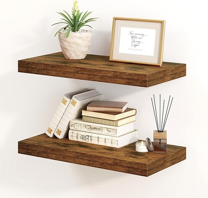 Fun Memories Floating Shelves for Wall, 8 Inch Deep Floating Wall Shelf, 16" x 8" Floating Shelves - Set of 2, Rustic Wooden Storage Shelves for Bathroom, Living Room, Kitchen, Rustic Brown Color