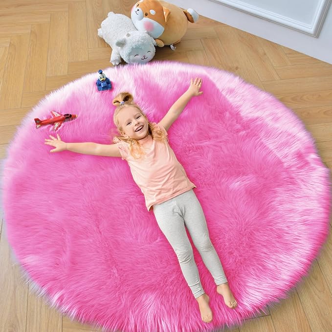 duduta Hot Pink Faux Sheepskin Round Rug 4x4 ft, Fluffy Shag Girls Bedroom by duduta