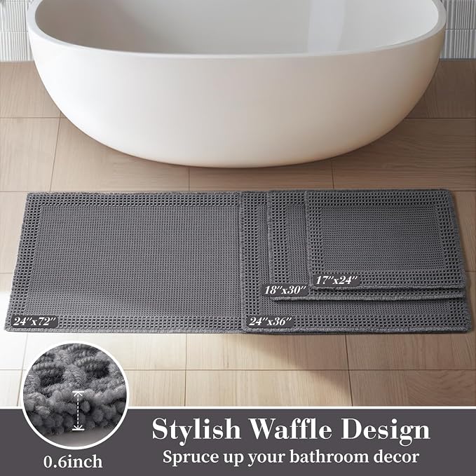 RESARE Waffle Bathroom Runner Rugs, Non Slip Boho Bath Mat 24x48 Dark Grey | - Image 5