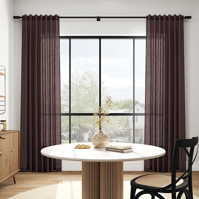 Linen Curtains Semi Sheer Coffee Brown 96 Inches Long 2 Panels Set - Image 5