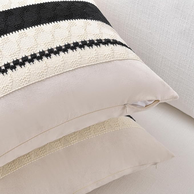 Fancy Homi Set of 1 Boho Black Lumbar Decorative Throw Pillow Cover 12x20 Inch - Image 3