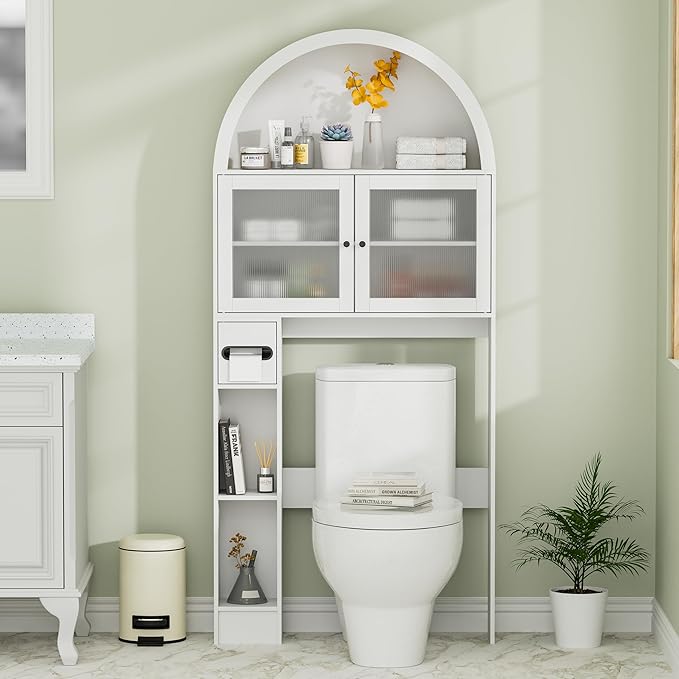 Over The Toilet Storage Cabinet, 31''W Arched Space-Saving Bathroom Organizer with Adjustable Shelf and Acrylic Doors, Freestanding Over Toilet Cabinet for Bathroom, Laundry, Restroom (White)