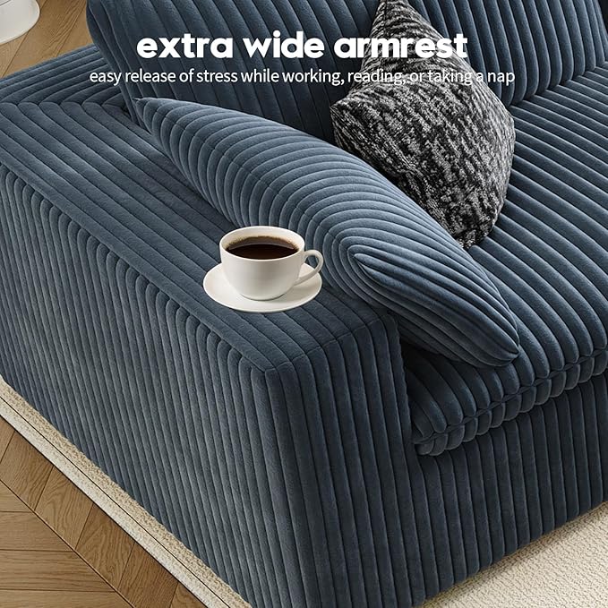 118" Cloud Couch Modular Sectional Sofa for Living Room,Modern Sofa with Deep Seat，U-Shape Boneless Couch with 2 Ottoman,Comfy Upholstered Corduroy Couches for Apartment, Studio, Office,Bedroom，Blue