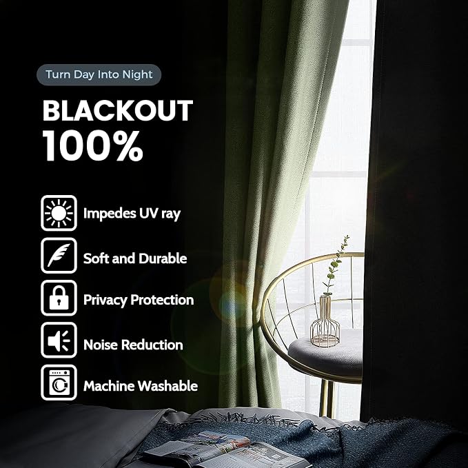 SimpleHome Sage 100% Blackout Curtains Room Darkening Living Room 96 Inch | - Image 3