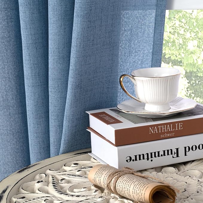 YoungsTex Blue Short Linen Curtains 45 Inches Length, Bronze Grommet Light - Image 7
