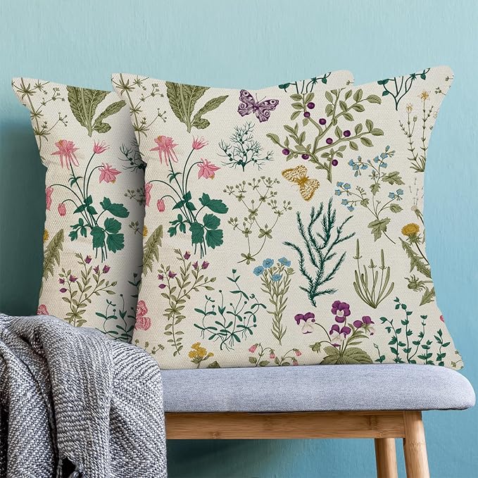 CXMEIFLY Spring Pillow Covers 18 x 18 Inch Set of 2 Vintage Sage Green Teal Wild Flowers Decor Throw Pillows Leaves Plant Outdoor Farmhouse Decorative Cushion Cases for Couch Bed Sofa Decoration