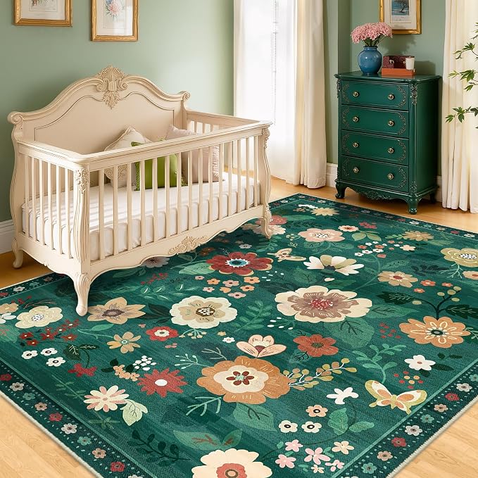 RELEANY Floral Washable 5x7 Area Rugs DarkGreen | Flower Carpet Print Boho Cute - Image 2