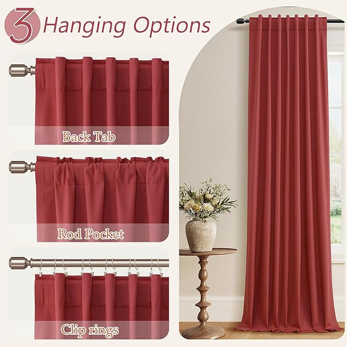 Guken Red 100% Blackout Linen Curtains 108 Inch Length 2 Panels Set - Image 6