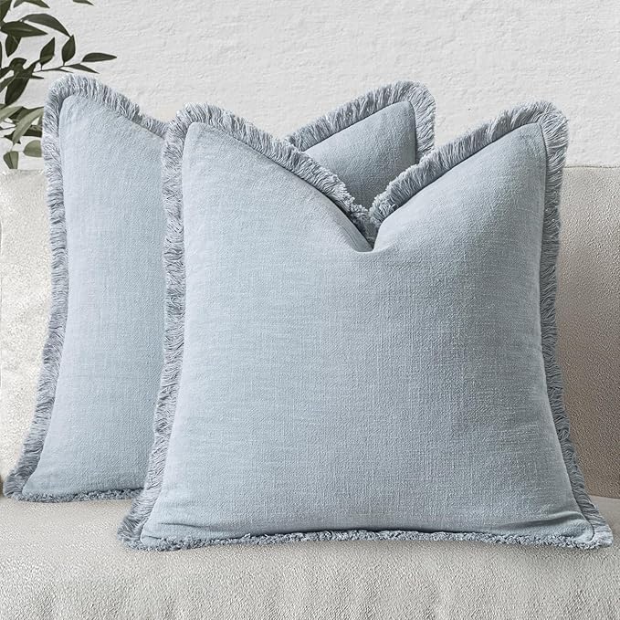 MIULEE Boho Linen Fringe Decorative Throw Pillow Covers Sky Blue 20x20 | Set of by MIULEE