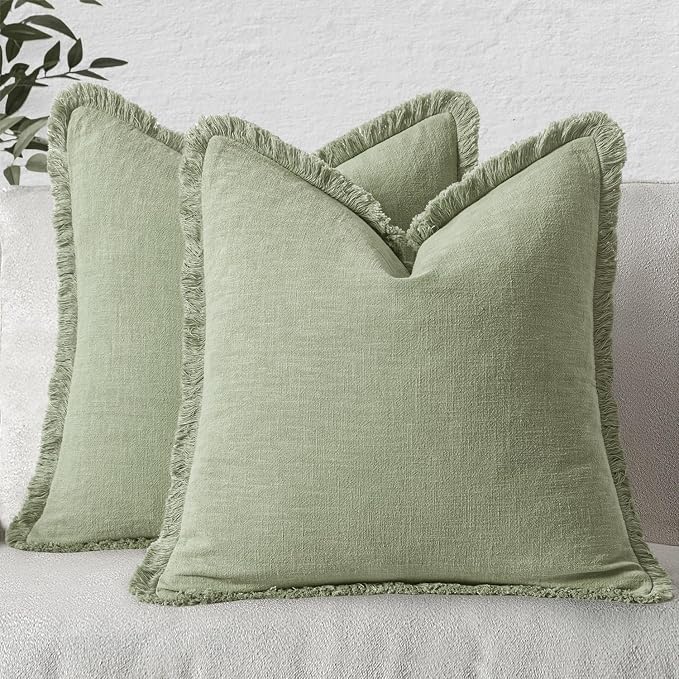 MIULEE Linen Fringe Decorative Euro Throw Pillow Covers Sage Green 24x24 | Set by MIULEE